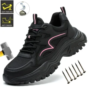 Women’s Anti Slip Work Shoes Fly Woven Breathable Leather Labor Protection Safety Anti Smash Anti Puncture Wear Resistant