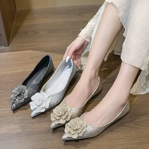 Women’s Anti-Slippery Breathable Ballet Flats Mary Jane High Heel Shoes Solid Pattern Pointed Toe