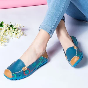 Women’s Autumn Ballet Flats Genuine Leather Moccasins Slip On Printed Loafers