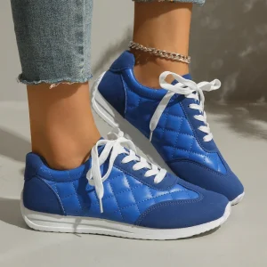 Women’s Autumn Casual Sports Sneakers Head Lace-Up Walking Shoes New Style Small Fragrance Checkered Pattern Color-Block