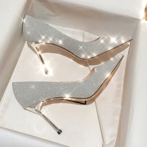 Women’s Autumn New Glitter High Heels Pointed Bride Wedding Shoes PU Insole Height Increasing Shallow Thin Heel