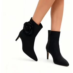 Women’s Autumn Pointed Ankle Boots with Floral Decoration Slim Thin Heels Height Increasing Easy to Wear