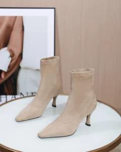 Women’s Autumn Sexy Ankle Boots Faux Suede Upper Zipper Closure Anti-Slippery Rubber Breathable Waterproof Pointed Toe