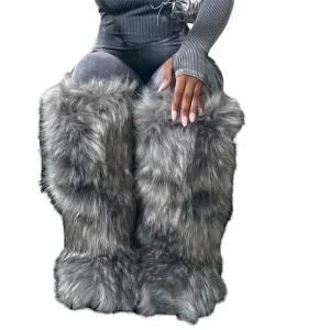Women’s Autumn Spring Winter Solid Knee High Plush Faux Fox Fur Slip On Boots