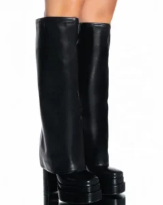 Women’s Autumn Spring Winter Western High Chunky Heel Knee High Lighted Boots Fold Over Square Toe Slip On Long Booties