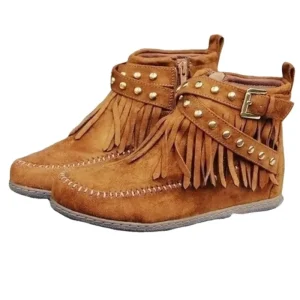Women’s Autumn Tassel Lace Up Suede Chelsea Boots Ankle Height Flat Bottom with Light Printed Soft Features Slip On Closure