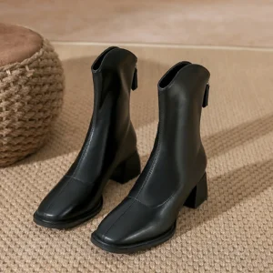 Women’s Autumn Waterproof Square Toe Ankle Boots PU Upper Rubber Outsole Breathable Soft Thick Heel Back Zipper