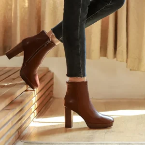 Women’s Autumn Western Genuine Leather Ankle Boots 11cm Thick Heel Zipper Closure Anti Slip
