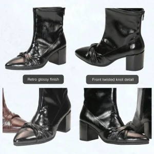 Women’s Autumn Winter Ankle Boots French Pencil Heel Square Chunky Heel Hard Wearing Height Increasing PU Lining