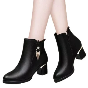 Women’s Autumn Winter Boots with Thick Heels Cow Leather Upper PU Insole Solid Pattern Height Increasing Feature Comfort Warmth