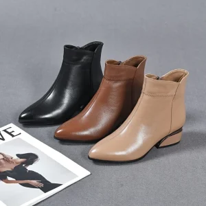 Women’s Autumn Winter Fashion Boots with Pointed Toe Ankle Height Solid Pattern Side Zipper Flat Bottom Short Leather Design