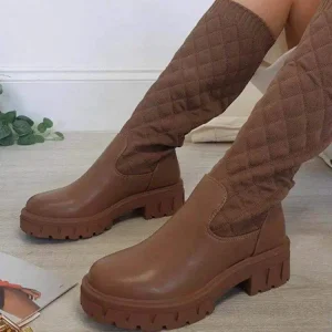 Women’s Autumn Winter New Heel Flying Knitted Boots Large Size Round Head Mid Boots