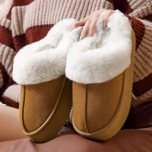 Women’s Autumn Winter Plush Fur Cotton Slippers Style Thick Sole Warm Non-slip Indoor Outdoor Cotton Shoes