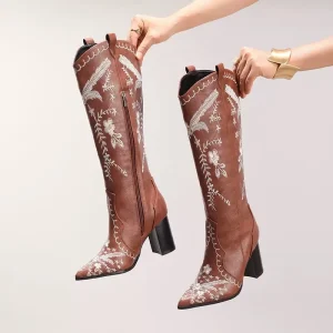 Women’s Autumn Winter Slip On Cowgirl Boots with Embroidery Pointed Toe Height Increasing Chunky Heel Knee High Western Style