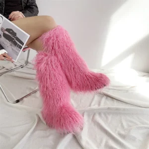 Women’s Autumn Winter Warm Snow Plush Roman Boot Knee-High Solid Color Trend Fur Boots