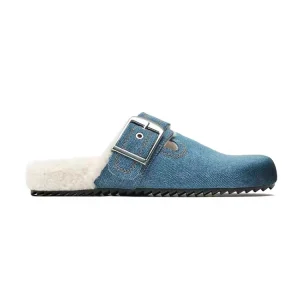 Women’s Autumn and Winter Denim Casual Thick-soled Warm Slippers Closed Toe Half-mug Lambswool Clogs Mules