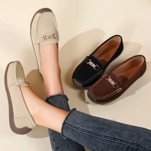 Women’s Ballet Flats 3-Color (Beige/Black/Brown) Slip-On Shoes Metal Buckle Breathable Double Strap Spring Summer Autumn