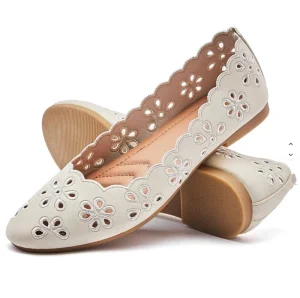 Women’s Ballet Flats Black PU Leather Dress Shoes Comfortable Round Toe Slip on Flats with Breathable Eyelets