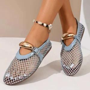 Women’s Ballet Flats Closed Toe Mesh Mary Jane Flats Breathable Hollow Out Buckle Strap Rhinestone Shoes
