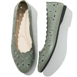 Women’s Ballet Flats Green PU Leather Dress Shoes Comfortable Round Toe Slip On Flats with Breathable Eyelets