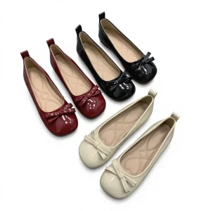 Women’s Ballet Flats Soft PU Upper Square Toe Slip On Casual Shoes Light Weight Soft Sole Butterfly Bow