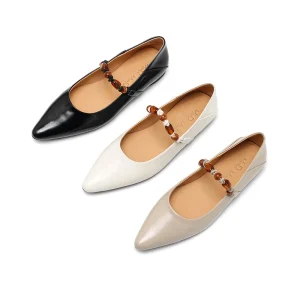 Women’s Beaded Strap Mary Jane Flats, Leather Slip-On Casual Shoes