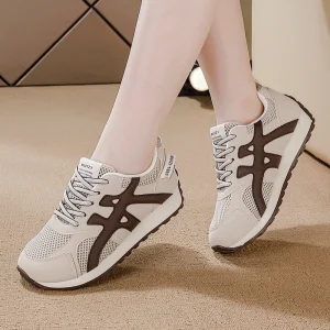 Women’s Beige Mesh Breathable Lace Up Sneakers Brown Striped Non Slip Platform Walking Shoes Daily Outdoor Footwear For Ladies