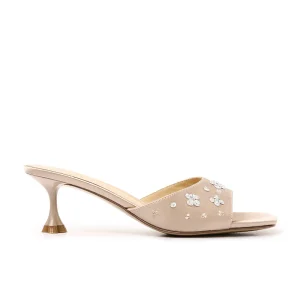Women’s Beige Slingback Mules with Rhinestone Flower Embellishments and Stiletto Heels
