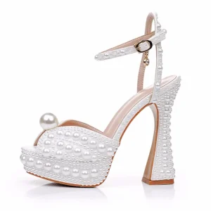 Women’s Beige White Pearl Peep Toe Ankle Strap Platform Thick High Heels Cushioning Dress Bridal Wedding Shoes Summer Winter
