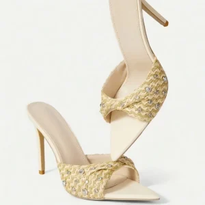 Women’s Beige Woven Rhinestone Light Weight Summer Sexy Outdoor Mule Sandals Pointed Toe Stiletto Heel Slides
