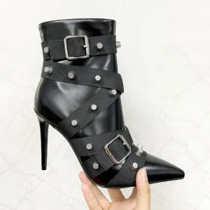 Women’s Black Ankle Boots High Heels Waterproof Autumn Winter Leather Shoes Studded Belt Buckle Boots