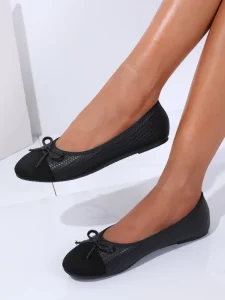 Women’s Black Ballet Flats Bow Decor PP Grass Woven Comfortable Slip-On Flat Shoes