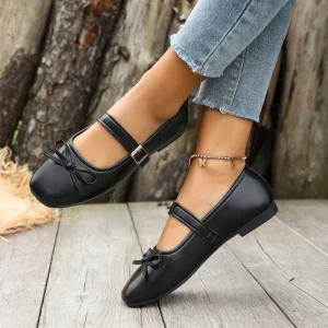 Women’s Black Bow Mary Jane Flats Square Toe Buckle Strap Ballet Shoes Elegant Casual & School Footwear