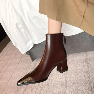 Women’s Black/Brown Ankle Boots Chunky Heel Soft Pigskin Insole Western Fashionable for Autumn Winter