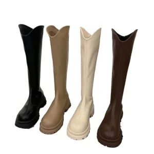 Women’s Black Button Up Knee High Boots Patent Leather Upper Height Increasing Rubber Outsole Autumn Winter Fashion