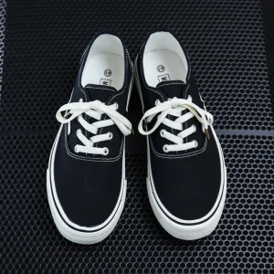 Women’s Black Canvas Low Top Casual Sneakers White Laces & Sole Lace Up Design Stylish Comfortable Daily Footwear