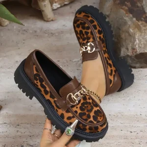 Women’s Black Chain Decoration Loafer Shoes Platform Slip On Leopard Dress Casual Penny Shoes