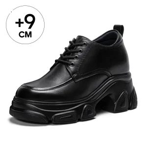 Women’s Black Cow Leather Toe Winter Boots Thick Soled Casual Breathable Fashionable Lace Up Height Increasing