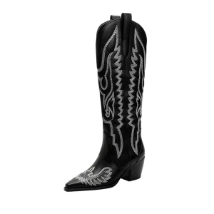 Women’s Black Cowboy Cowgirl Boots Pointed Toe Knee High Western Rodeo with 6cm Chunky Heel All Seasons PU Upper