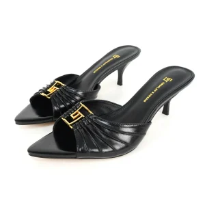 Women’s Black Cowhide Upper Pointed Toe Summer Leisure Sandals With Gold Metal Buckle High Heel Rubber Outsole