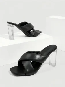 Women’s Black Crisscross Mule Sandals Square Toe Clear Block Heel Slides Modern Daily and Party Dress Shoes