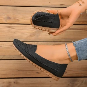 Women’s Black Embroidered Perforated Loafers Plus Size Fashion Slip On Flat Shoes Soft Sole Casual Shoes for Custom