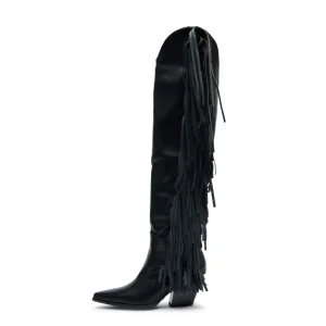 Women’s Black Faux Leather Knee High Boots with Tassels Fringe, Pointed Toe & Square Toe, Western Cowgirl Boots