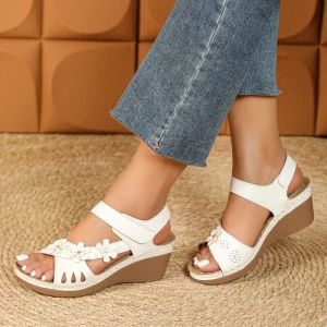 Women’s Black Floral Patterned PU Leather TPU Summer Spring Ankle Strap Comfortable Platform Thick Soled Wedge Style Sandals