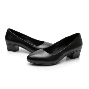 Women’s Black Genuine Leather Professional Thick Heel Hotel Executive Work Shoes