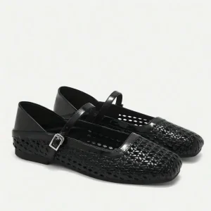 Women’s Black Glossy Woven Mary Jane Flats Square Toe Flat Heel Sandals with Mesh & Patent Leather Dress Shoes