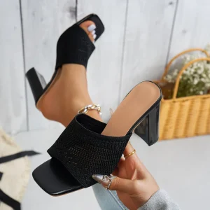 Women’s Black Knit Square Toe Mule Heeled Sandals Block Heel Dress Slides