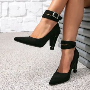 Women’s Black Lace-Up Buckle Mules High Heels with Irregular Pointed Toe Fashion Pump Heels Height Increasing Feature for Summer
