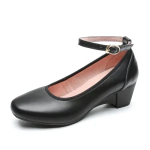 Women’s Black Leather Office Shoes with Thick Heels Square Toe Comfortable Breathable Soft for Commuting in Summer Winter Autumn