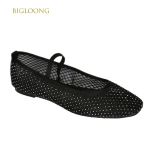 Women’s Black Mesh Ballet Flats Silver Studs Breathable Lightweight Comfort Square Toe Slip On Shoes Casual Office Wear Summer